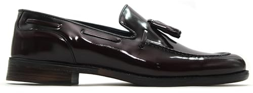 S@kut - Zapato mocasín Castellano en Piel,con borlas,Suela de Goma,tacón bajo,Elegante,con Brillo para: Hombre Color: Burdeos Talla:41