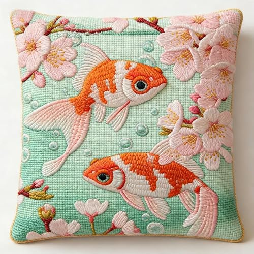 FanZheZhe Kit de broderie au point de croix estampillé,DIY de Coussin à Broder Carpe koï 11ct45x45cm DIY Main Brodé Housse Sans Noyau D'oreiller pour Débutants et Adulte.