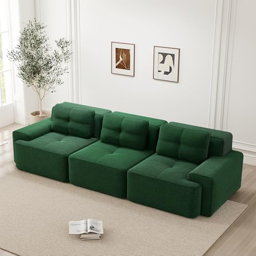 NuvlaGu Modular Sofa, L-Shaped Corduroy Cloud Couch with Ottoman, Deep Seat Sectional Sleeper Sofa for Living Room, Boneless Modern Convertible Sofa Bed (Green + Corduroy + 3 Seat4)