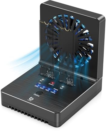 M.2 NVMe/SATA SSD Cloner, M.2 Duplicator 2-Bay Hard Drive Enclosure with Cooling Fan, Tool-Free 20Gbps USB3.2 Gen 2X2 Hard Drive Reader for NVMe/SATA SSD, Supports Offline Clone, UASP and Trim