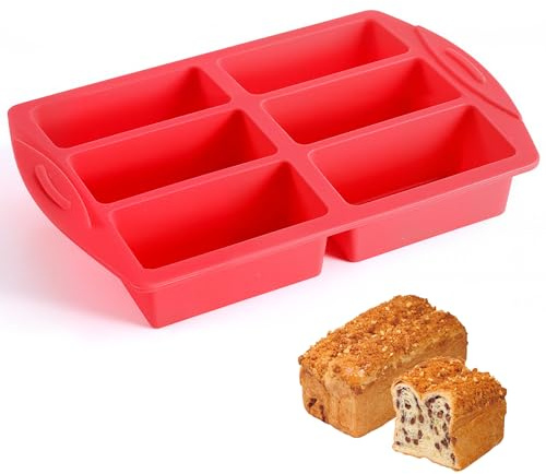 Vorflow Molde para mini pasteles de 6 cavidades, 18 x 27 cm, molde rectangular de silicona antiadherente, molde de silicona para repostería, para panes, panecillos y pasteles (Rojo)