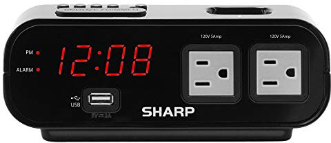 Sharp Digital Alarm Clock with 2X Power Outlets and Rapid Charge USB Port - Grey Outlets