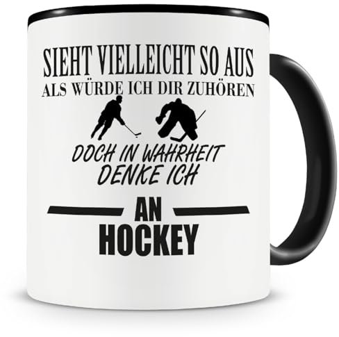 Samunshi® Ich denke an Hockey Tasse Kaffeetasse Teetasse Kaffeepott Kaffeebecher Becher 300ml schwarz