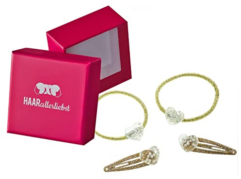 HAARallerliebst Haarschmuck Set (4 teilig | Herzen mit Perlen | Gold Glitzer) für Mädchen inkl. Schachtel zur Aufbewahrung (Schachtelfarbe: pink)
