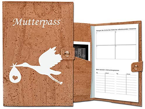 SIMARU Maternity Pass Cover Made from Water-Repellent Cork Leather in Beige, Protective Cover for German Maternity Passport, Ultrasound Images and Insurance Card Printed with Stork