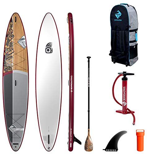 Boardworks SHUBU Great Bear | Touring All Water Inflatable Stand Up Paddleboard | SUP Package Includes Pump, Three Piece Paddle and Roller Bag Complete Kit | 14', Red/Grey/White