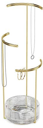 Umbra Tesora Schmuckbaum – Hoher Schmuckständer für Ketten mit integrierter Glas Schmuckablage für Ringe, Ohrringe, Armbänder, Uhren und Accessoires, 3-stufig, Messing/Glas, Gold