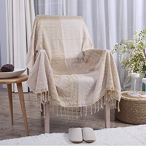 ele ELEOPTION Chenille Couverture Vintage à Pompons en Jacquard, Motif Tribal Patchwork Double Face Housse de Canapé, Idéal pour Décoration de Maison, Couvre-lit, canapé, Chaise (Beige, 220 x 250cm)