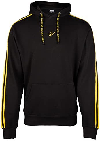 Gorilla Wear Banks Oversized Hoodie - Schwarz/Gelb - zum Sport Freizeit Arbeit Outdoor Alltag Baumwolle Polyester mit Logo Bequem Streifen auf den Armen Workout Bekleidung, XL