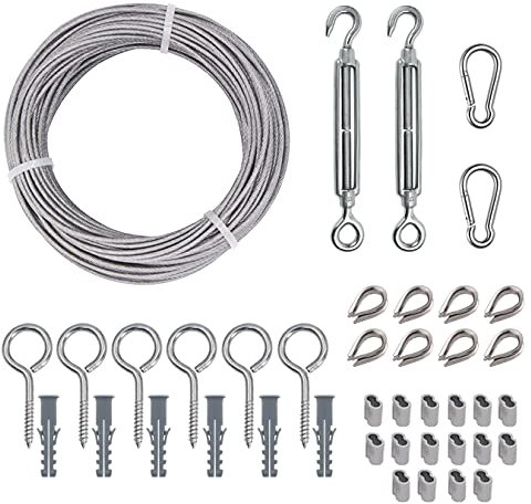 aufodara 15M Drahtseil Kit/Rankhilfe Drahtseil PVC-ummantelt 2mm 304-Edelstahl Stahlseil mit 2x Spannschloss, 6x Ösenschraube, 2x Karabinerhaken, 8x Kausche, 16x Aluminium Crimpschlaufe (15M)