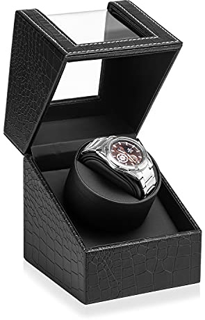 Efaithtek Automatic Single Watch Winder in Black Crocodile Pattern Leather with Japanese Quiet Motor，AC Adapter or Battery Powered