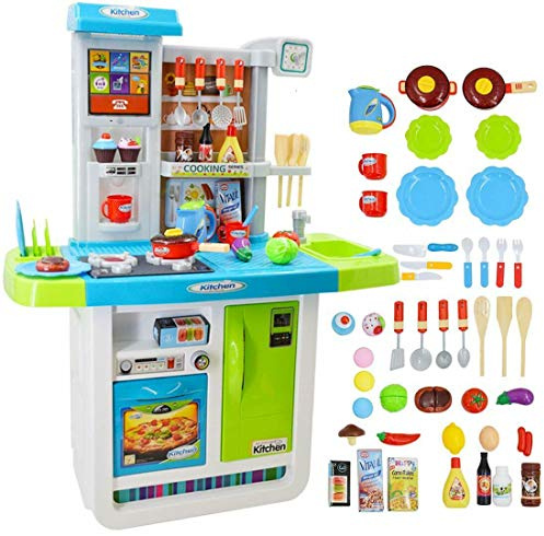 Delex Kitchen and Food Toys Kitchen Playset for Kids Role Play Game with kitchen utensils, Touchscreen Panel, Water Features With 50 Accessories