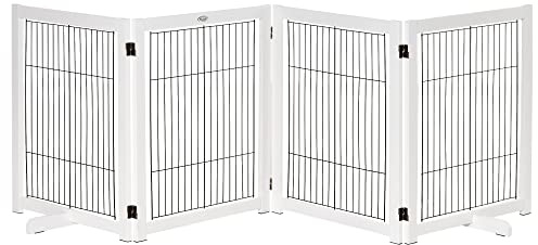 PawHut Barrera de Seguridad Plegable para Perros Madera Rejilla de Protección de 4 Paneles para Mascotas con Patas para Puertas Escaleras Pasillos 264x35,5x77 cm Blanco