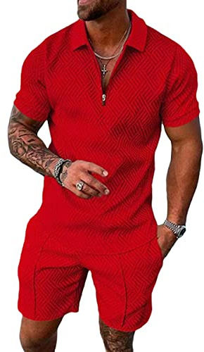 Osheoiso 2 Teiliges T-Shirt und Hosen Sets Herren Shirt Shorts Jogginganzug Casual Freizeitanzug Outfit Sweathose Kurze für Herren Polo Arbeitshemd Mode Sommersportanzug A Rot S