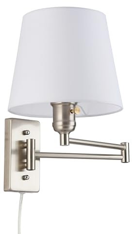 B·LED BARCELONA LED - Lámpara de pared con brazo articulado cromo y pantalla de tela blanca, con cable e interruptor, ideal para lectura en dormitorio, salón u oficina