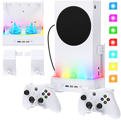 Wall Mount for Xbox Series S, Vertical RGB Light Cooling Fan Bracket Mount Kit Accessories with 2 X Controller Holder & Extended USB Ports for Xbox Series S Console