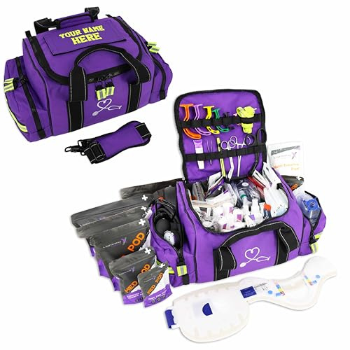 Lightning X Custom Embroidered Trauma Kit & Large EMT Bag w/ 250+ First Aid Supplies & Customized Name Patch | Purple