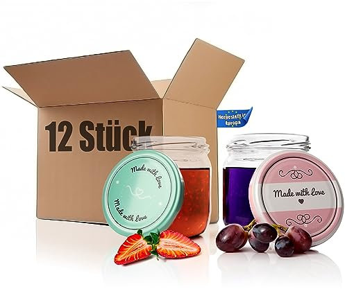 BigDean 12er Set Einmachgläser mit Deckel in rosa und pastell-grün in made with love Stil - 425ml Sturzgläser Marmeladenglas