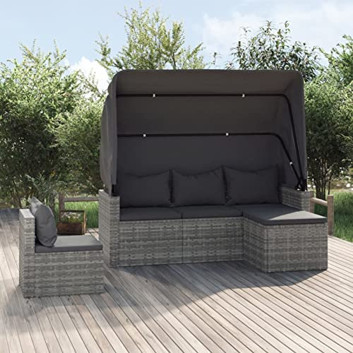 Tidyard 4-TLG. Gartensofa mit Sonnendach, Gartensofa 3 Sitzer, Gartenlounge Set Polyrattan, Sonnenliege Gartenliege Mittelsofa Fußhocker Poly Rattan Grau