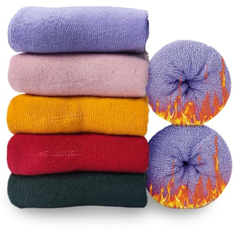 Josnown Womens Thermal Socks, 5 Pairs Winter Thick Warm Wool Socks | Cosy Ladies Boot Socks for Hiking, Walking, Casual Wear