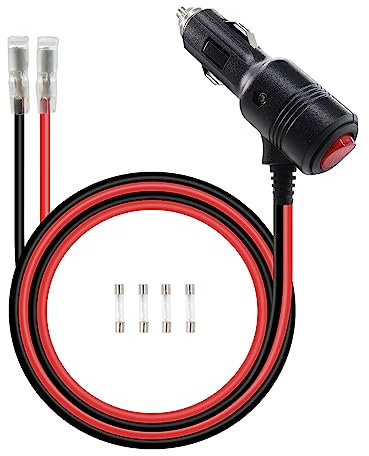 RIIEYOCA encendedor de cigarrillos macho cable de enchufe con cables y el interruptor ON/OFF, 12V-24V de alta resistencia 12AWG 15A fusible de protección de cable de alimentación (2M/6.5Ft)