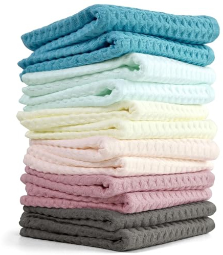 Cleanbear Waffle Wash Cloths Set of 12, Cotton Washcloths for Body and Face, 13” x 13”, 6 Assorted Colors