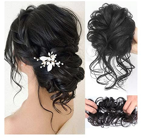 Bun Haarteile Messy Bun Haarteil Scrunchie Haarknoten Pferdeschwanz Chignon Brasilianisches Echthaar Lockig Wellig Messy Bun Extensions Haarteile for Frauen Brötchen-Haarteil (Color : Natural black)