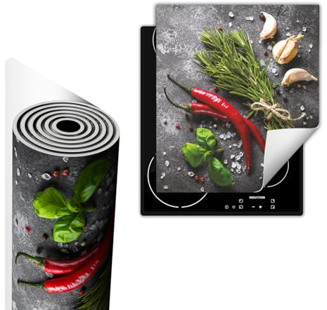 TMK ArtDeko Herdabdeckplatte Einteilig Kochfeld Abdeckung Induktionskochfeld Ceranfeld Abdeckplatte Küche Anti Rutsch Matte Herdabdeckung Aufrollbar 45x52 cm, Gewürze Chili Schiefer