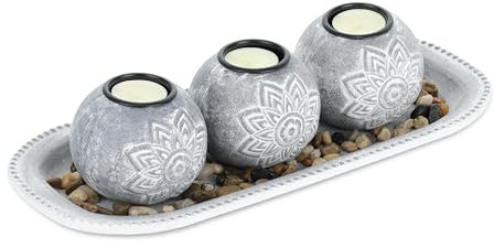 Relaxdays Teelichthalter Set mit Tablett & Steinen, 35 cm lang, Tischdeko Wohnzimmer, Esszimmer, Kerzenhalter, grau/weiß