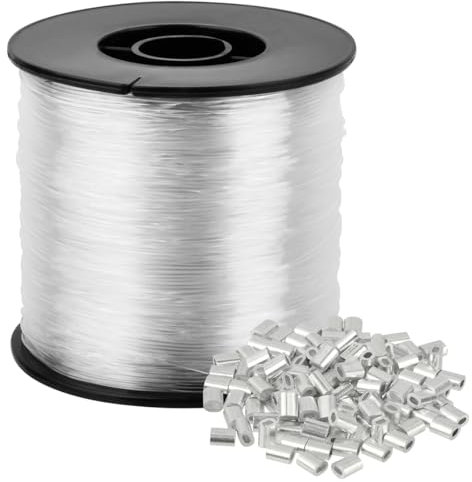 TMBMLPP 0.8 mm Clear Nylon Invisible String, 200m Hanging Wire with 120pcs Aluminum Crimping Loop Sleeves