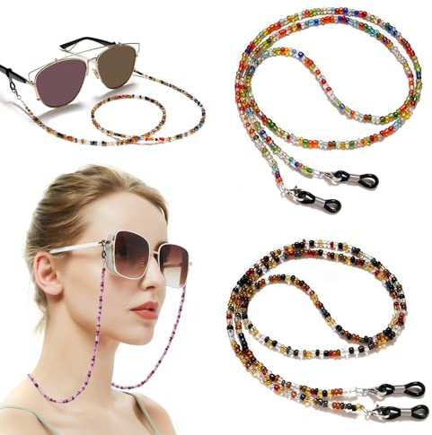 MEGAVOW 2 Piezas Cordon Gafas Mujer, Cadena Gafas Mujer, Cordones para Gafas, Elegante Correa Gafas con Cuentas, Antideslizante Cuerda Gafas Ajustable Cordón Gafas y Gafas de Sol