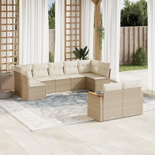 Rantry Gartenmöbel Set 9-TLG. Garten-Sofagarnitur mit Kissen Gartensofa Balkonmöbel Gartenlounge Garten Loungesofa Ecklounge Sitzgruppe für Balkon Garten Beige Poly Rattan