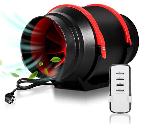 Jopassy 100MM Rauchabzug Rohrventilator, 310m³/h Abluftventilator, 220V Leise Rohrlüfter, Inline-Kanalventilator mit Fernsteuerung, Kanalventilator für Badezimmer,WC,Küche,Gewächshaus, Schwarz Rot