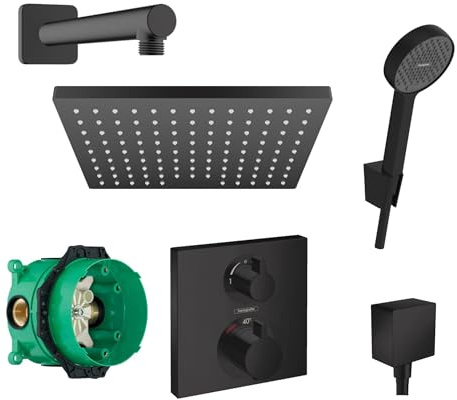 Hansgrohe Duschsystem Unterputz mit Duscharmatur Hansgrohe schwarz HGSK03 | Duscharmatur von Hansgrohe Ecostat Square Thermostat Armatur und Hansgrohe Regendusche Duschkopf eckig Dusch-SET schwarz