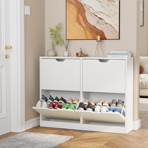 VOWNER Schuhschrank mit 4 Klappen, Schuhschrank Weiss, Schmaler Schuhregal, mit 8 Fächern, Schuhablage Verstellbar, 80 x 24 x 102 cm, Anti-Kipp-Vorrichtung für Eingangsbereich, Flur