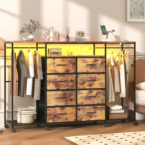 Frmobepts 59.1 W Dresser for Bedroom with Hanging Rack, 8 Drawer Dresser with LED Lights & Charging Station, Fabric Dressers with Portable Wheels,Metal Frame, Wooden Top (Rustic Brown)