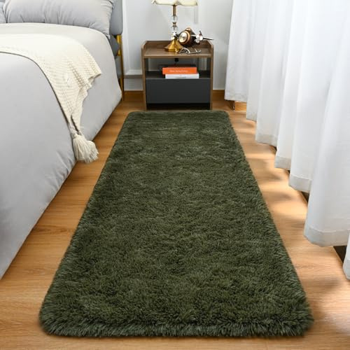 Goideal Fluffy Runner Rug for Bedroom Living Room, 2x6 Olive Green Bedside Rugs, Faux Fur Shag Modern Carpet Ultra Soft Girls Boys Room Home Decor, Solid