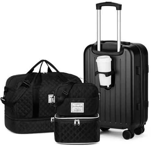 Yorige Luggage Sets for Women Men 4 Piece - Carry on Hardside Suitcase 20inch with USB Port, 360° Spinner Wheels, Duffel Bag, Cup Holder, Lightweight Luggage Set for Travel Vacation