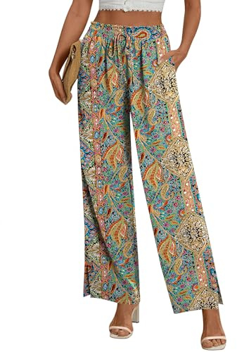 EFFAN Womens Wide Leg Trousers Elastic High Waist Loose Fit Pants with Pockets Ladies Elegant Summer Palazzo Pants