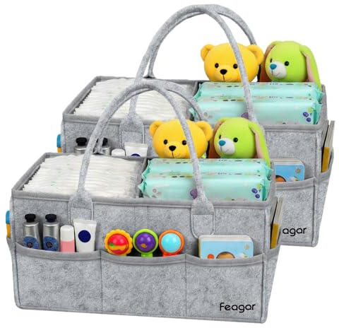 Feagar Baby Diaper Caddy Organizer, 15 Inch Large 2 Pack Set with 8 Pockets & 2 Dividers, Portable Nursery Storage Basket & Car Organizer for Changing Table, Travel (Grey)