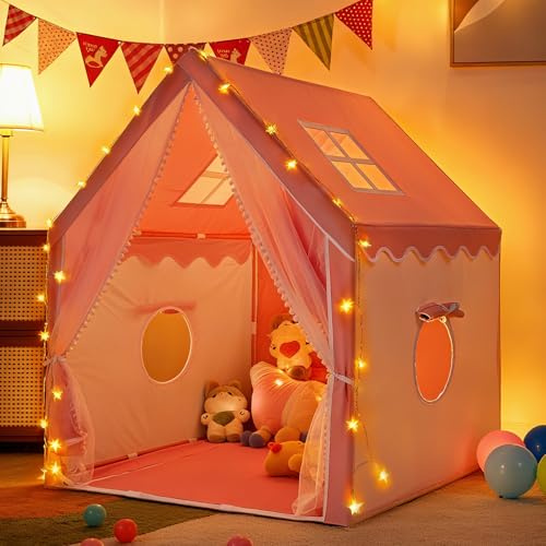Strixorn Kinderzelt Spielhaus Indoor, Rosa Prinzessin Kinderspielhaus in Form eines Hauses120x100x130cm mit 3m Sternenlichtern für Zimmer, Spielzelt Kinder für Mädchen 3-12 Jahre