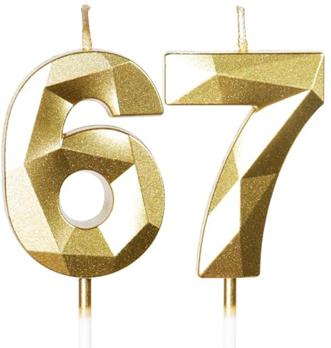 Gold 67. Geburtstagskerzen, 67. Geburtstagsdekorationen für Frauen und Männlich, 3D-Zahl-67-Kerze für Kuchen, Goldene Kuchendekorationen für Geburtstagsfeiern und Hochzeiten Zubehör