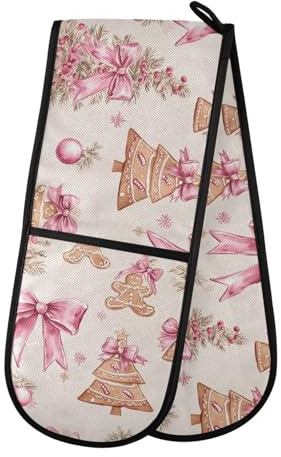 Oven Gloves Double Oven Gloves Pink Christmas Bows Gingerbread Pattern Oven Mitts Pot Holder Heat Resistant Quilted for BBQ Baking Kitchen Cooking Gloves