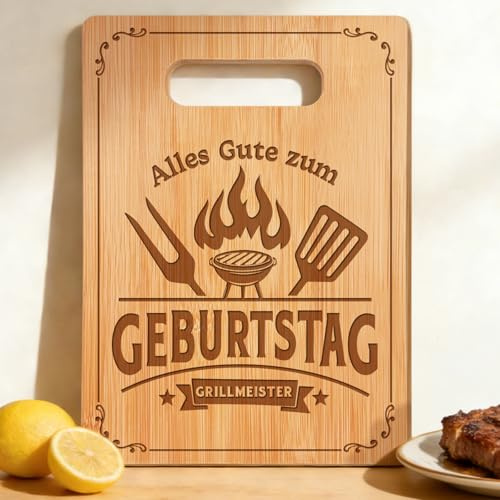 Geburtstagsgeschenk für Männer, Schneidebrett mit Gravur - Alles Gute zum GEBURTSTAG GRILLMEISTER, Männer Geschenke Geburtstag, Männergeschenke zum Geburtstag für Papa Stiefvater Onkel Bruder Ehemann