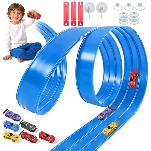3-spår flexibel racerbana för barn, 5 m bilbana med 6 bilar, 3 sugkoppar, flexibel bilbana barn 3 4 5 6 år, rullar på bärbar motorväg gåva för inomhus/utomhus