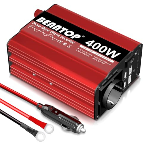 BENNTOP 400W Wechselrichter 12V/24V auf 230v Spannungswandler Reiner Sinus | Stromwandler mit EU Buchse, Typ-C, USB Anschluss, Auto Adapter mit Zigarettenanzünder für iPhone, iPad, Tablet