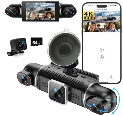 4 Kanal Dashcam Auto Vorne Hinten 4K/1080P,360° Dasch-Cam Auto mit 64GB SD-Karte,3 IPS-Bildschirm,4X 140° Weitwinkel,WDR Nachtsicht (8 IR-LEDs),G-Sensor,Dashcam mit parküberwachung,Loop-Aufnahme,WiFi
