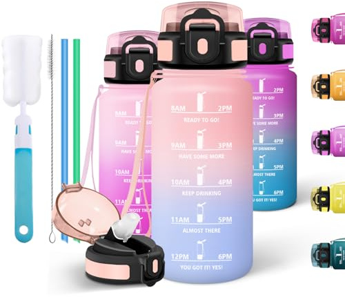 Motswedi Borraccia 500 ml, Bottiglia d'acqua Sportiva, a Prova di Perdite, Comprende 6 Paglie e 1 Spazzola di Spugna, Borraccia Palestra, Bottiglia Acqua, per Scuola, Lavoro, Rosa & Azzurro cielo