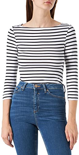 Amazon Essentials Women's Slim-Fit 3/4-Sleeve Boat-Neck T-Shirt, White Stripes, XS