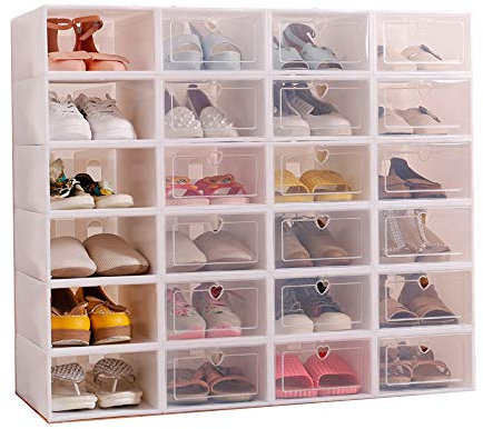 Sinbide 12 x Cajas de Zapatos Plástico, Caja Guardar Zapatos, Calcetines, Juguetes, Cinturones para la Organización de Hogar, Oficina, Plegable, 31cm*21cm*12cm (Blanco, 12)